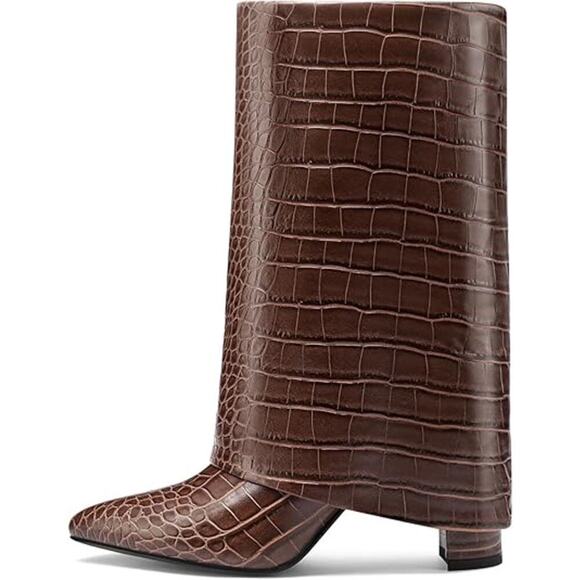 Women's Mid-Calf Boots Fold Over Stylish Croc-Embossed Knee Statement Block Heel - Picture 1 of 6